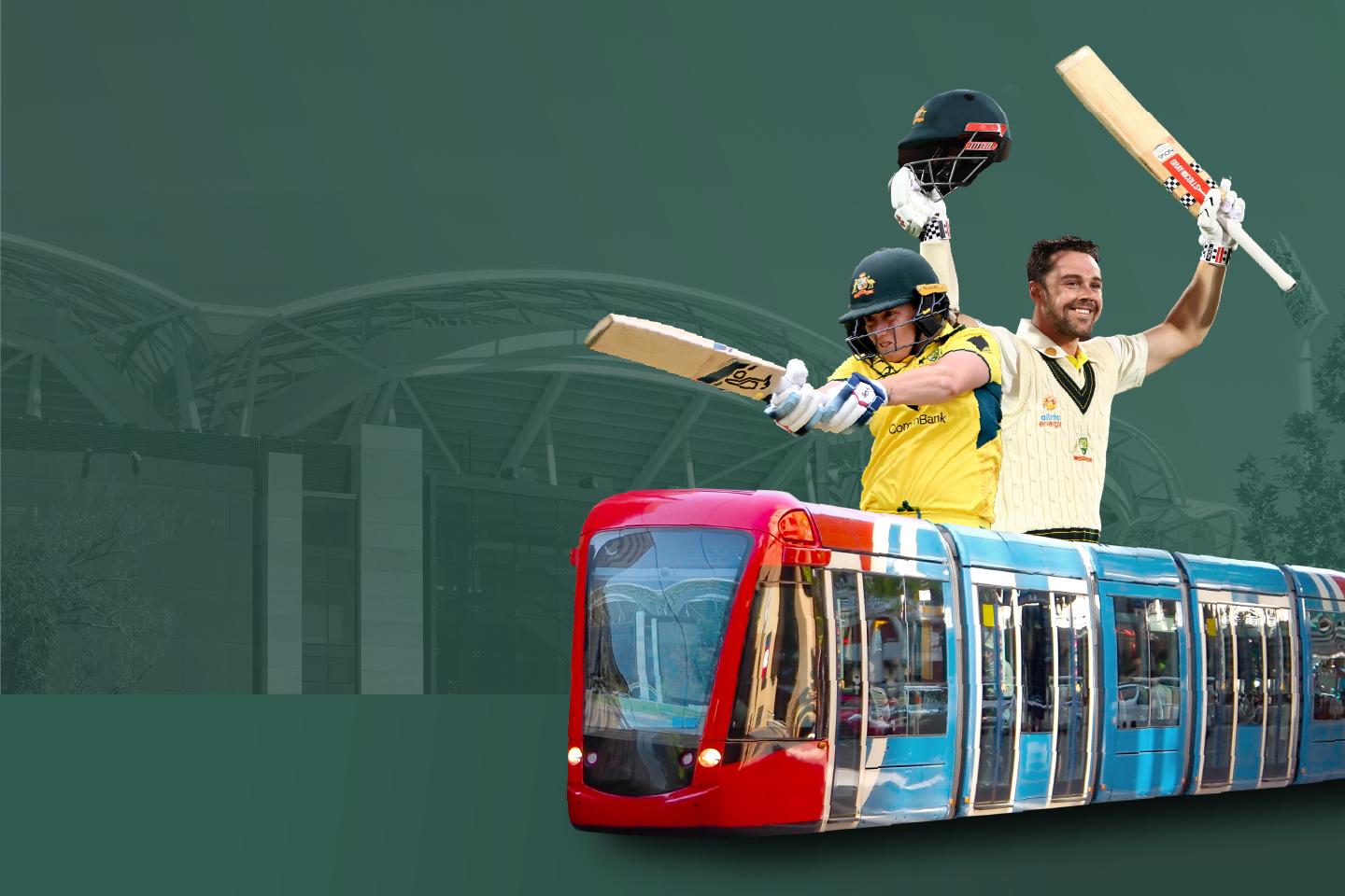 A female and male cricket player holding and swinging cricket bats in front of Adelaide Oval. An Adelaide Metro tram is positioned in front of them.