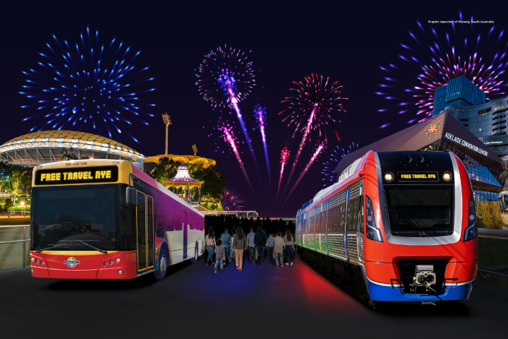 An illustrated bus and tram next to each other with fireworks, Adelaide Oval and the Convention Centre in the background.