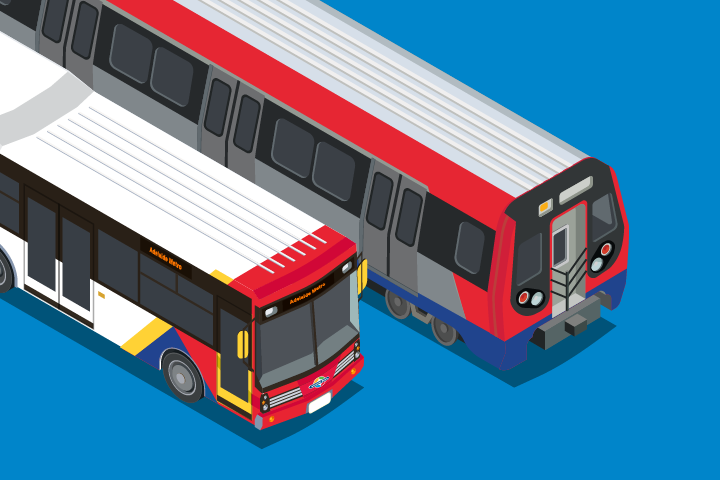 An Adelaide Metro bus and train placed on a blue background. The are pictured diagonally with the front of the trains facing the bottom right of the image. 