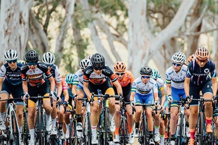 a group of bike riders in lycra and helments riding on an open road 