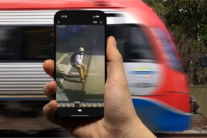 A hand holding an iPhone which shows a person crossing tram tracks. In the background an Adelaide Metro train is passing by.