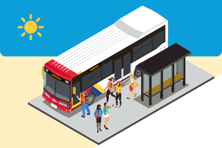 An illustrated Adelaide Metro bus at a stop with people waiting. A yellow sun is also placed on a blue sky to represent summer.