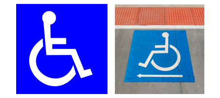 Two images of the international symbol of access icon. A blue square with a white icon placed on it. The white icon is shaped as a person sitting in a wheelchair, which is the international symbol of Access icon.